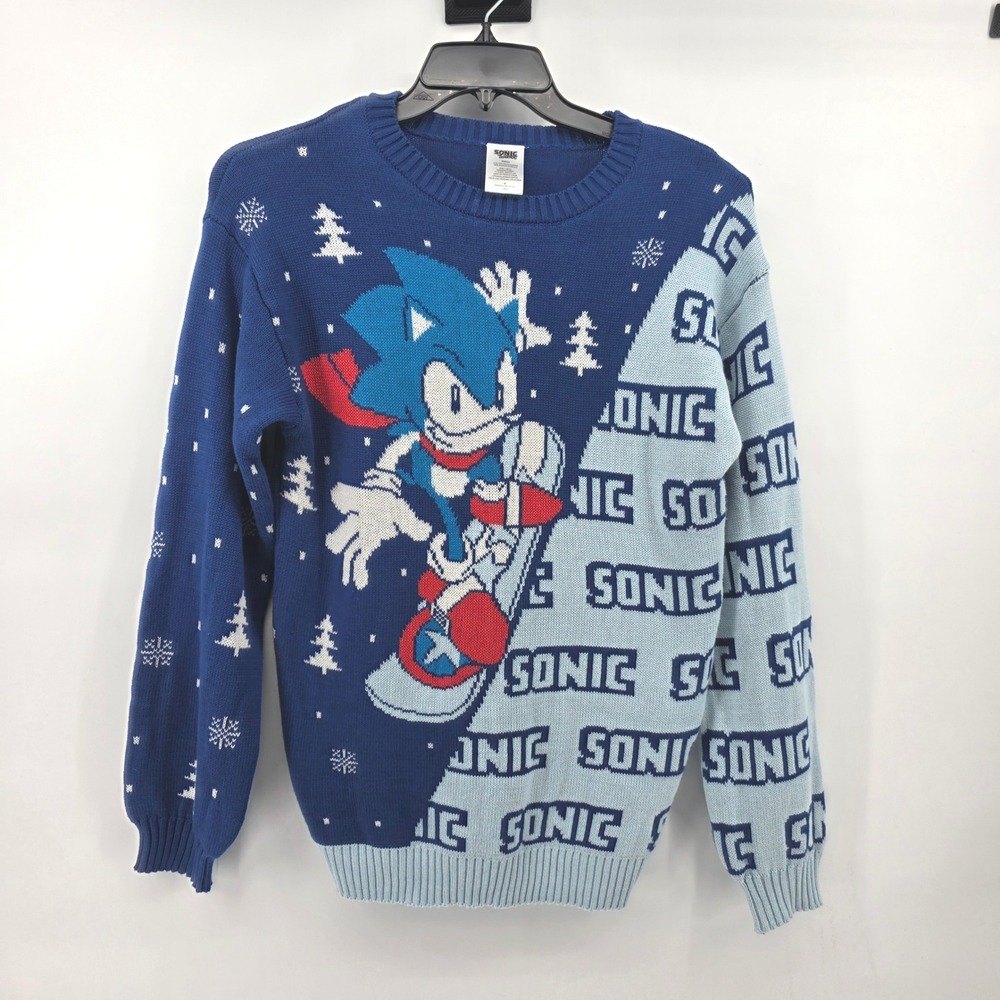 Sonic the Hedgehog Snowboarding Ugly Christmas Sweater Mens XL Blue Knit SEGA